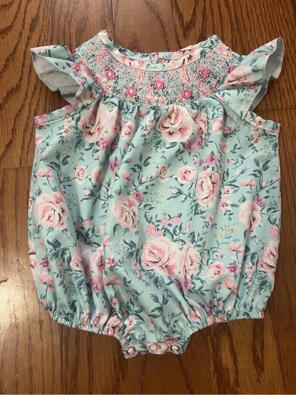 Floral Smocked Baby Romper - Mint & Pink